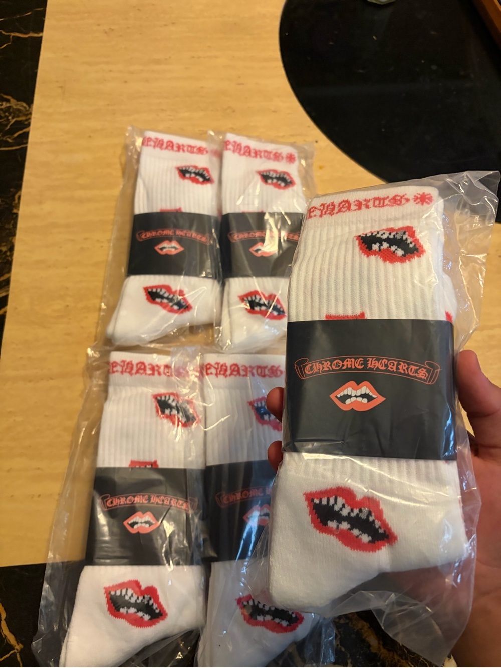 Chrome Hearts White Crew Socks with Red Lip Motif